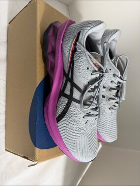 Asics Gray Knit Running Shoes with Pink Midsole